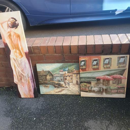  — 3 Canvases - Woman , Village & Restaurant