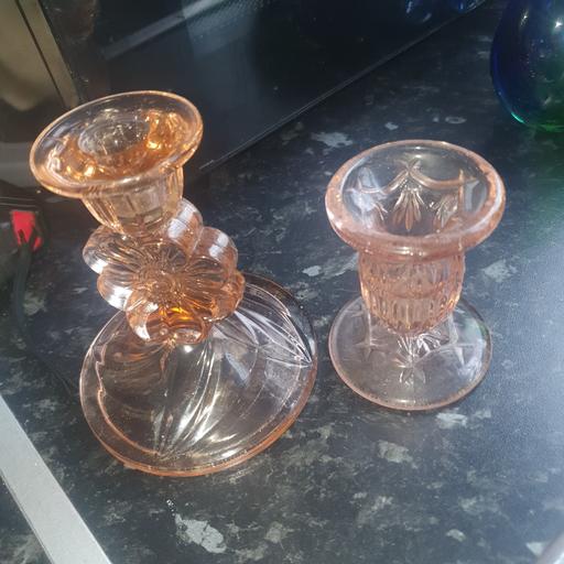  — Lovely , Pink Glass Candle Holders,VGC, Clean
