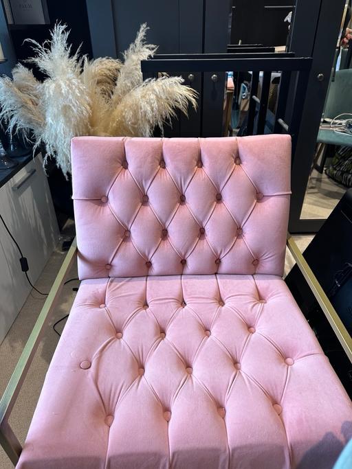  — Pink velvet button chair with gold arms/legs