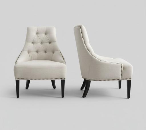  — Cream linen tufted armchair, nailhead, W2
