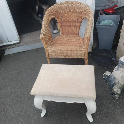  — Wicker Armchair & Wooden Footstool, Good Con.