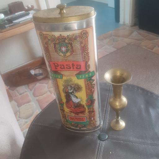  — Vintage Pasta Tin & Brass Vase , 14 & 7 inch